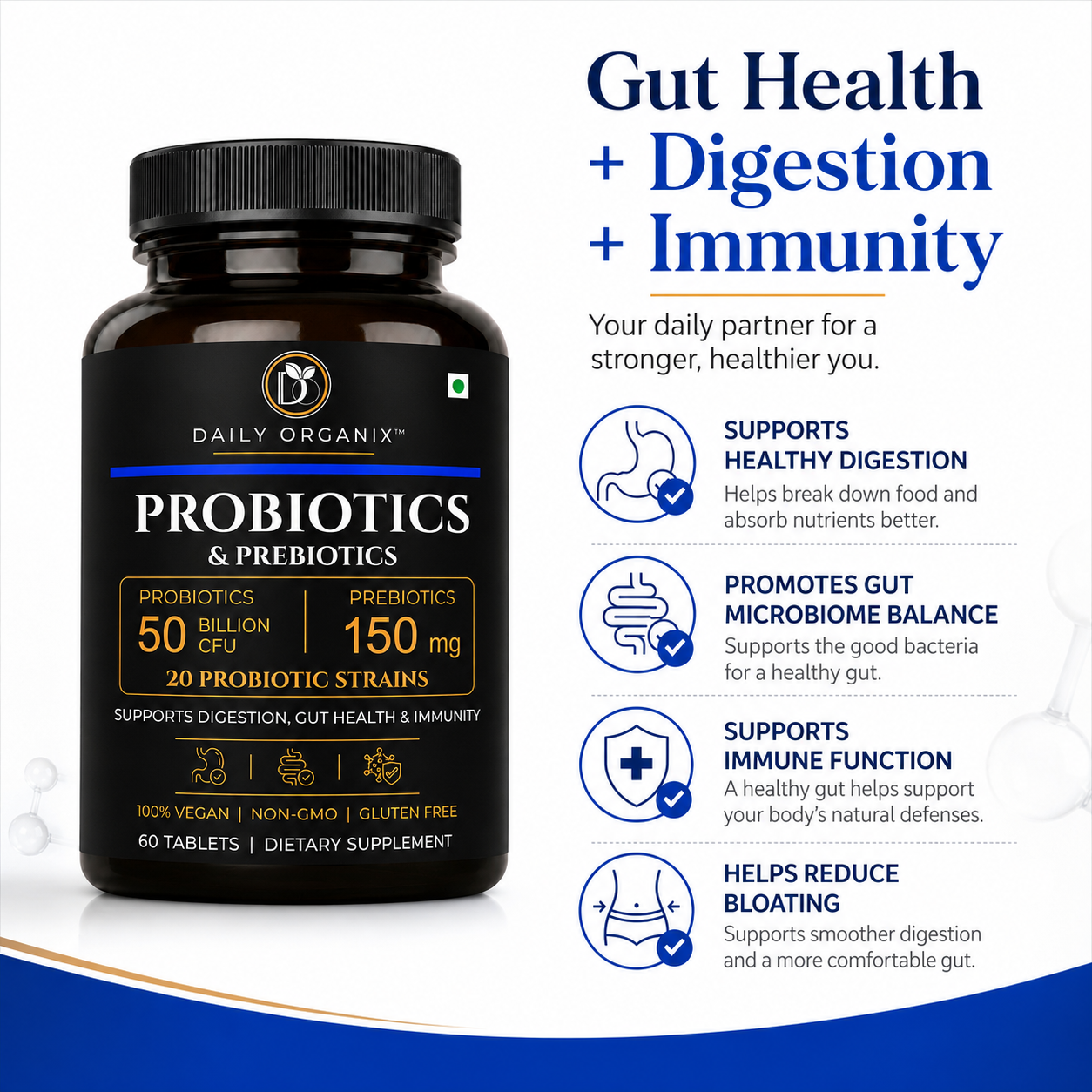 Probiotics + Prebiotics supports gut health, digestion and immunity