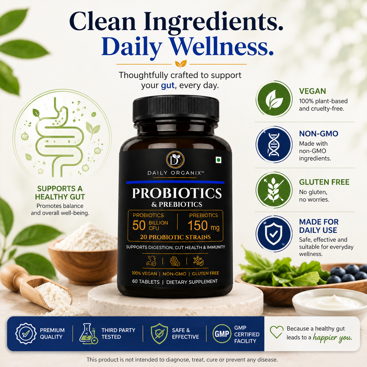 Clean ingredients — vegan, non-GMO and gluten-free probiotics for daily wellness
