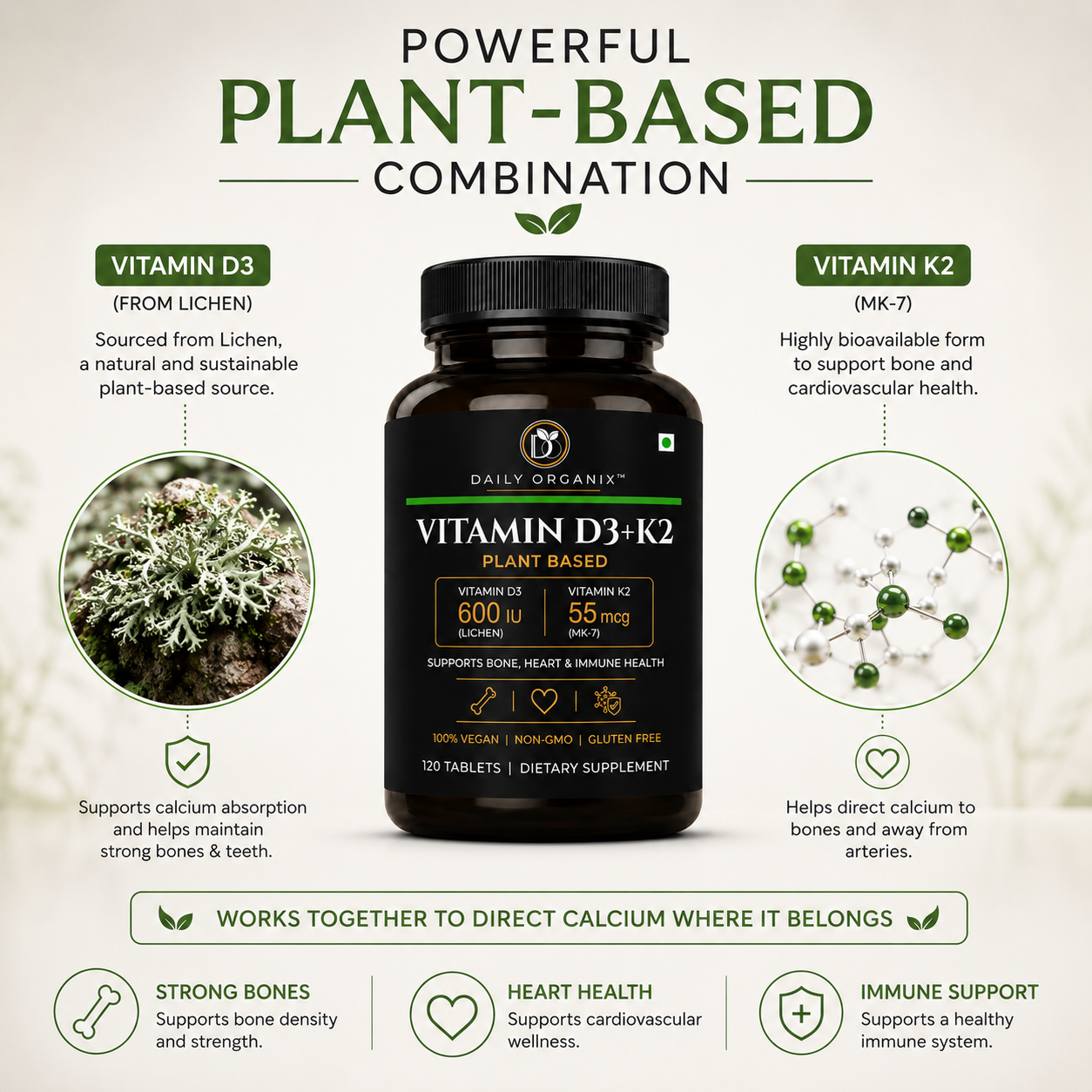 Powerful plant-based combination — Vitamin D3 from lichen and K2 MK-7 for bone, heart, and immune health