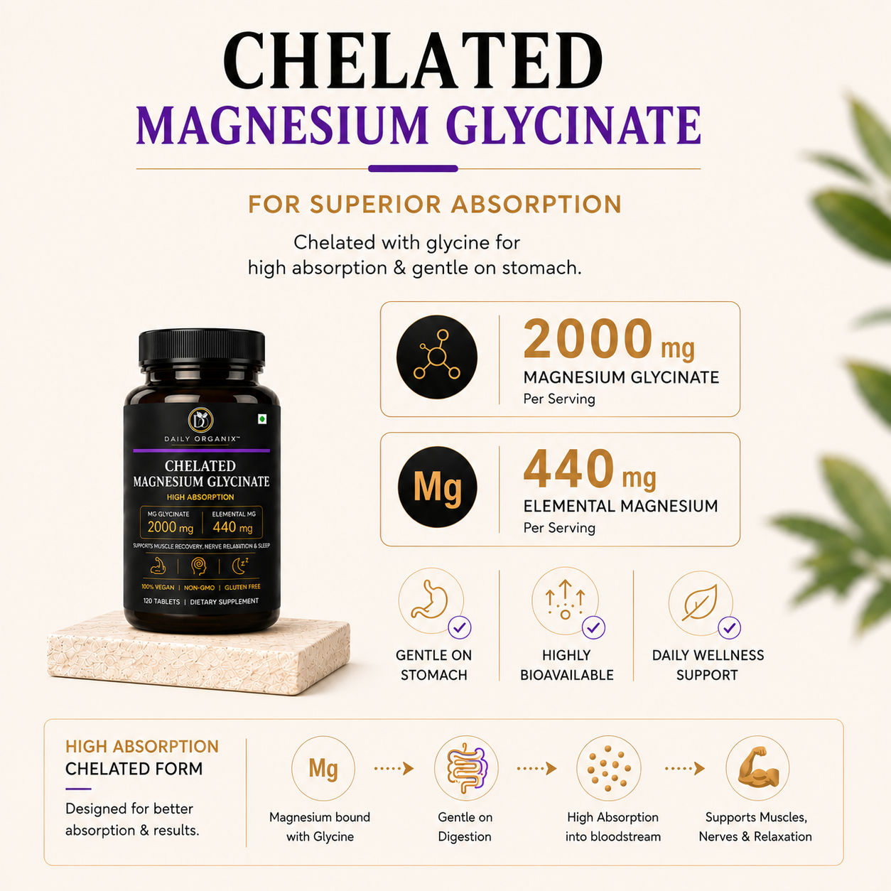 Chelated Magnesium Glycinate for superior absorption — 2000 mg glycinate, 440 mg elemental magnesium