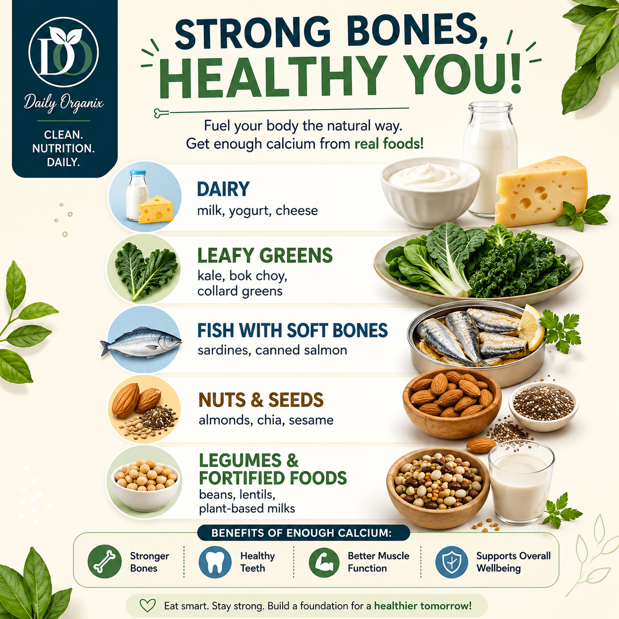A variety of calcium-rich foods including almonds, broccoli, and yogurt