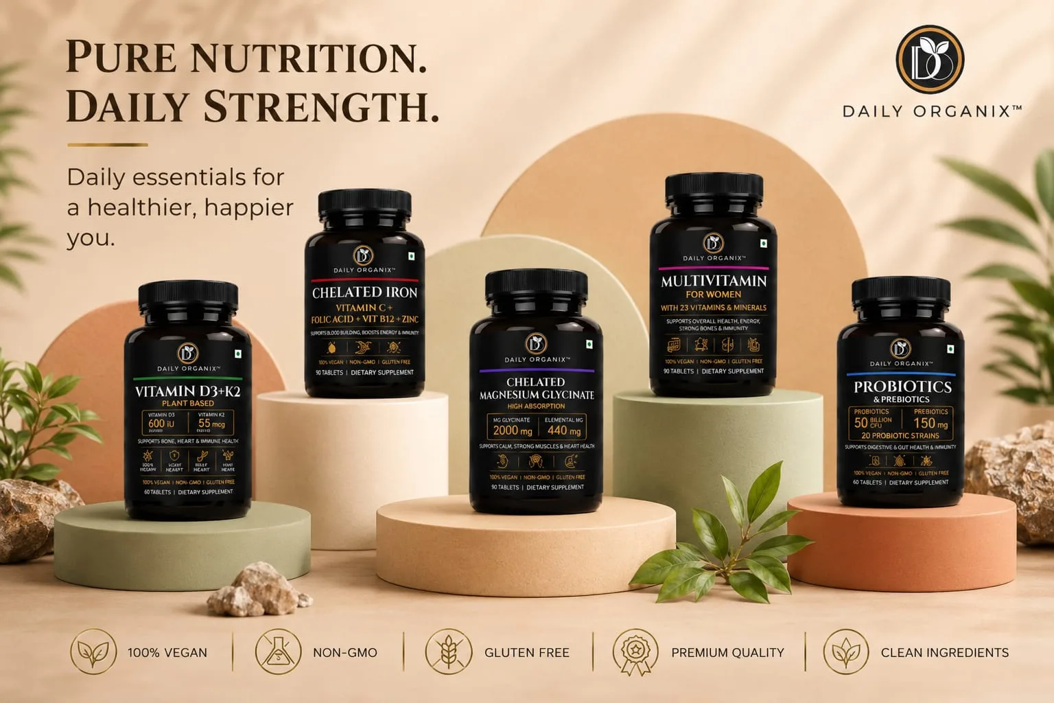 Daily Organix — Pure Nutrition. Daily Strength. Complete wellness range: Vitamin D3+K2, Chelated Iron, Magnesium Glycinate, Multivitamin for Women, and Probiotics + Prebiotics.